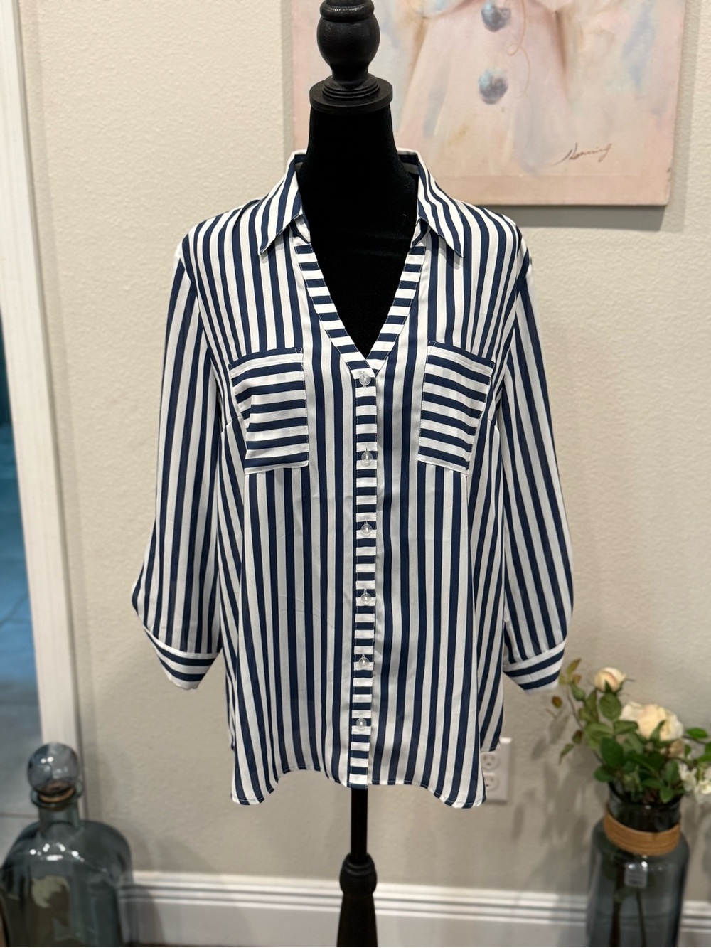 Iz Byer Navy and White Striped Button Down Shirt